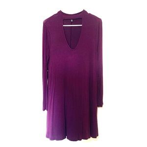 Purple V-Neck Cut Long Sleeve Dress L